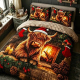 Christmas Highland Cow Fireplace Santa Hat Patchwork Quilted 3-Piece Bedding Set