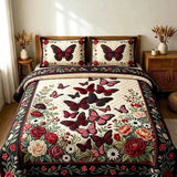 Vintage Floral Butterfly Embroidery Style Quilted 3-Piece Bedding Set