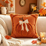 Halloween Fall Pumpkin Bow Plush Embroidered Throw Pillow Cover