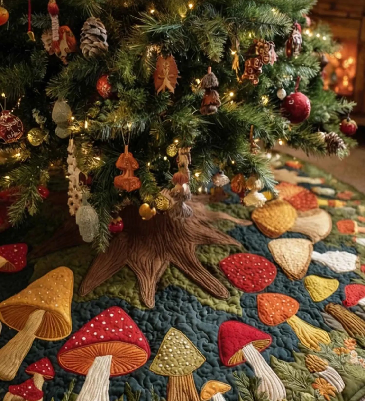 Mushroom Meadow Christmas Quilted Tree Skirt