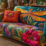 Quilted Sofa Cover with Dragonflies and Flowers – Soft to the Touch