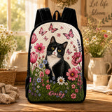Personalized Quilted Backpack Featuring Adorable Black Cat and Daisies with Black Strap - LV05