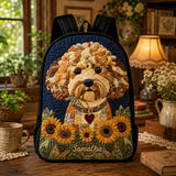 Personalized Sunflower Goldendoodle Quilted Backpack with Black Strap - Model TN03
