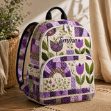 Customizable Quilted Backpack with Purple Floral Patchwork - TP53