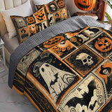 Vintage Stamp Skull Ghost Witch Halloween Patchwork Quilted 3‑Piece Bedding Set