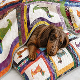 Patchwork Block Dachshund Dog Colorful Boho Quilted 3‑Piece Bedding Set