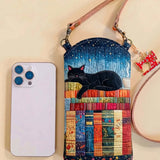 Black Cat And Books Quilted Slim Phone Crossbody Bag