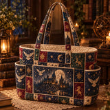 Medieval Castle Snow Owl Celestial Animal Patchwork Quilted Tote Bag With Multiple Pockets