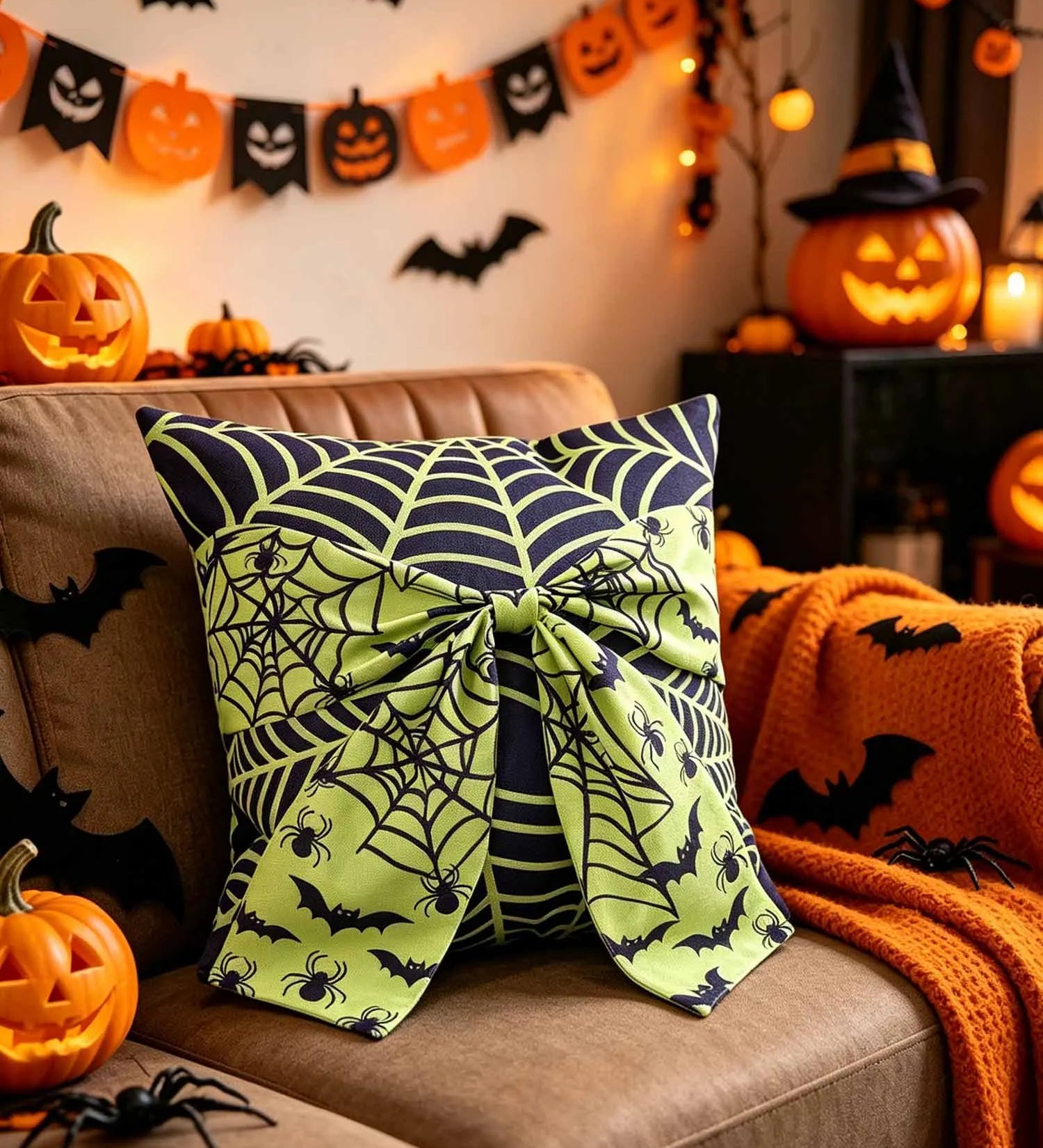Halloween Spider Web Bow Pillow Cover