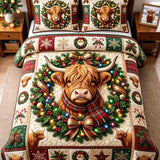 Christmas Highland Cow Plaid Patchwork Quilted 3-Piece Bedding Set