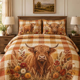 Vintage Highland Cow Autumn Wildflower Buffalo Plaid Quilted 3-Piece Bedding Set