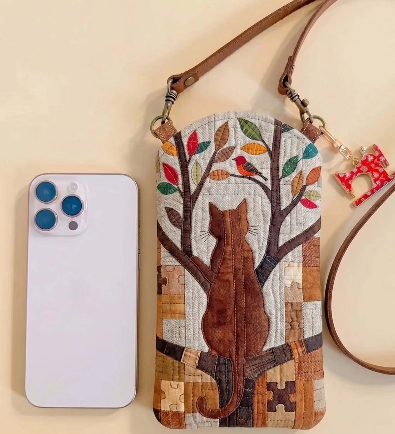 The Cat On The Branch Quilted Slim Phone Crossbody Bag