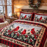 Christmas Red Cardinal Holly Plaid Quilted 3-Piece Bedding Set