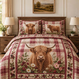 Vintage Western Highland Cow Red Gingham Berry Floral Patchwork Quilted 3-Piece Bedding Set