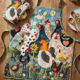 Funny Chicken Quilted Apron Set (2-Piece) – Padded Apron + Heat-Resistant Oven Mitts
