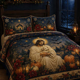 Jesus Holding Lamb Nativity Dark Blue Holiday Quilted 3‑Piece Bedding Set