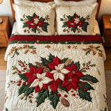 Christmas Poinsettia Pinecone Holly Quilted 3-Piece Bedding Set
