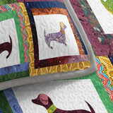 Patchwork Block Dachshund Dog Colorful Boho Quilted 3‑Piece Bedding Set