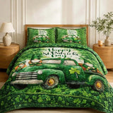 St Patricks Day Green Truck Gnome Shamrock Clover Quilted 3‑Piece Bedding Set