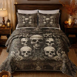 Vintage Gothic Skull Damask Scroll Quilted 3‑Piece Bedding Set