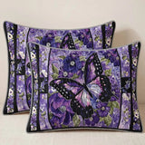 Purple Butterfly Floral Patchwork Quilted 3‑Piece Bedding Set