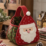 Santa Face Applique Holiday Gift Storage Handbag Quilted Christmas Basket