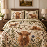 Vintage Western Highland Cow Floral Butterfly Patchwork Quilted 3-Piece Bedding Set