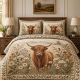 Vintage Highland Cow Cream Daisy Thistle Patchwork Quilted 3-Piece Bedding Set
