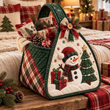 Snowman & Christmas Tree Applique Holiday Gift Storage Handbag Quilted Christmas Basket