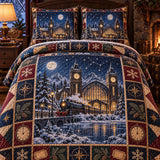 Fantasy Celestial Castle & Winter Snow Steam Train Heraldic Patchwork Quilted 3‑Piece Bedding Set