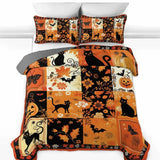 Halloween Patchwork Black Cat Pumpkin Bat Quilted 3‑Piece Bedding Set