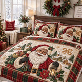Christmas Santa Winter Town Plaid Border Quilted 3-Piece Bedding Set