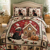 Black Cat Gingerbread House Halloween Christmas Quilted 3‑Piece Bedding Set