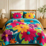 Vibrant Pop Art Large Floral Turquoise Hot Pink Quilted 3‑Piece Bedding Set