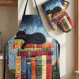 Book And Cat Quilted Apron Set (2-Piece) – Padded Apron + Heat-Resistant Oven Mitts