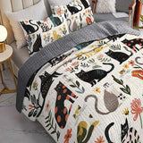 Colorful Cat Floral Patchwork Quilted 3‑Piece Bedding Set