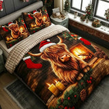 Christmas Highland Cow Fireplace Santa Hat Patchwork Quilted 3-Piece Bedding Set