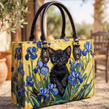 Iris And Black Cat Quilted Leather Strap Bible Handbag