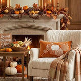 Orange Pumpkin Embroidered Lumbar Pillow Cover