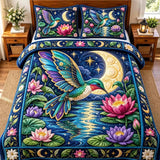 Moon Night Hummingbird Lotus Patchwork Quilted 3-Piece Bedding Set