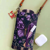 Plaid Purple Butterfly Floral Quilted Slim Phone Crossbody Bag