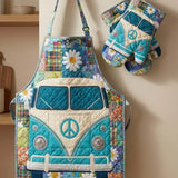 Hippie Van Quilted Apron Set (2-Piece) – Padded Apron + Heat-Resistant Oven Mitts