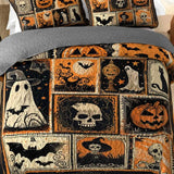 Vintage Stamp Skull Ghost Witch Halloween Patchwork Quilted 3‑Piece Bedding Set