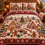 Vintage Christmas Gingerbread Village Candy Cane Quilted 3-Piece Bedding Set