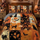 Halloween Patchwork Black Cat Pumpkin Bat Quilted 3‑Piece Bedding Set