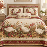 Farmhouse White Goose Berry Wheat Apple Fall Patchwork Quilted 3‑Piece Bedding Set