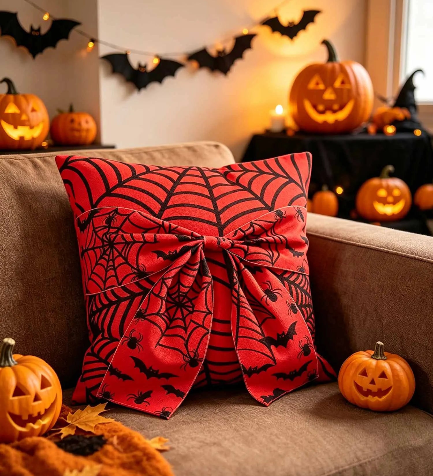 Halloween Spider Web Bow Pillow Cover