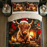 Christmas Highland Cow Fireplace Santa Hat Patchwork Quilted 3-Piece Bedding Set