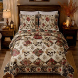 Skull Red Rose Vintage Floral Halloween Quilted 3‑Piece Bedding Set