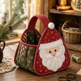 Santa Face Applique Holiday Gift Storage Handbag Quilted Christmas Basket